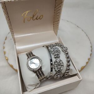 Folio Women's Silver Bracelet and Watch Set